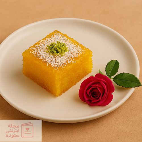 طرز تهیه کیک باقلوایی با شربت زعفرانی